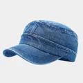 Retro-Militärmütze aus blauem Denim mit Kontrastnähten für Herren und Damen im Vintage-Stil - Verstellbar / Dunkelblau