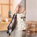 Mini checkered coin purse in cream white canvas with gold zipper and decorative silk scarf - Cream Checkered / Apricot