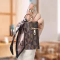 Mini checkered coin purse in dark brown with gold zipper and stylish silk scarf detail - Coffee Checkerboard / Dark Brown