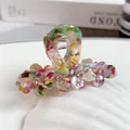 Three-petal floral acetate hair claw with colorful oil painting texture and pink rhinestones - 7.3cm / Rainbow