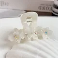 Elegant cream white acetate hair claw with 3D floral petals and sparkling rhinestones - 7.3cm / Mermaid White