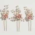 3-delige bruidshaarspeldenset met handgemaakte roze rozen en parels voor bruidskapsels - Rozen haarspeldset / Roze