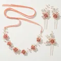 Pink handmade clay flower and pearl hairpiece set with silk ribbon for brides - Rose Hair Pin and Headband Set (ZHUHE-372PINK) / Pink