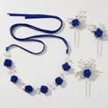 Blue bridal hair accessory set with handmade flowers, pearls, and crystals for weddings - Rose Hair Pin and Headband Set (ZHUHE-372BLUE) / Blue