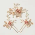 3-teiliges Brauthaar-Set mit rosa Tonrosen, Perlen und Goldblättern auf Haarnadeln - Rosa Stil (HS-J7083GPINK)