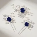 Handgefertigtes Set aus dunkelblauen Tonrosen-Haarkamm und Haarnadeln mit Perlen und Blättern - Blauer Stil (HS-J7083SBLUE)