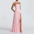 Detail of light pink strapless maxi dress featuring pleated skirt and high side slit - Pink / 3XL