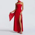 Detail of red floor-length gown featuring high slit and matching neck scarf accessory - Red / 3XL