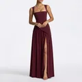 Detail of square neck burgundy maxi dress with asymmetrical waist and high side slit - Wine Red (30612)