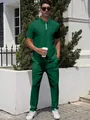 Men's summer casual two-piece sport set with half-zip polo shirt and pants in dark green - Dark Green