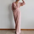 Elegant dusty rose wrap maxi dress with long sleeves and V-neck waist detail - 3XL / Pink