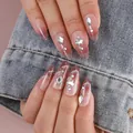 Detail of pink-purple gradient almond nails with rhinestones on blue denim fabric - Pink Purple Gradient Cloud Rhinestone Style (XY-03)