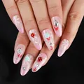 Unghie a mandorla press-on con sfumatura French, motivi a fragola e strass floreali in 3D - Stile Margherita Fragola Rosa Pallido (XY-06)