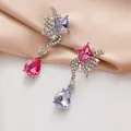 Elegant wing-shaped earrings with pink and purple crystals in silver finish - Square Waterdrop Multi-Color Gem Drop Earrings (E5950)