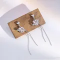 Silver heart earrings with pink zircon heart charm and long chain tassels style - Saturn Heart Tassel Full Diamond Pendant (E4507)