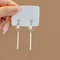Elegant silver pearl drop earrings with geometric star and rectangle pendants - Ring Pearl Geometric Long Pendant (E1536-2) / Silver