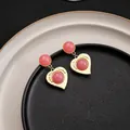 Elegant gold heart earrings with pink cat eye stone beads and Love engraving - Love Heart Double Bead Pendant Style (E5694-1) / Pink Gold