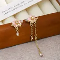 Asymmetric pink flower earrings with pearls and gold chains on a wooden box - Pink Petal Asymmetric Long and Short Style (E3048-4) / Gold