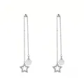 Silver drop earrings with dainty long tassels, elegant cat eye beads and star pendants - Five-pointed Star Cat's Eye Tassel Long Style (E1457-4) / Silver