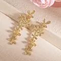 Elegant gold flower drop earrings with sparkling crystals in a vertical floral design - Five-petal Flower Full Rhinestone Long Style (E7164) / Gold