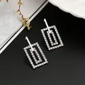 Silver geometric rectangular rhinestone earrings with double frame layered design - Nested Rectangular Full Rhinestone Geometric Style (E314) / Silver