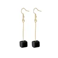 Elegant long gold hook earrings featuring minimalist black matte cube geometric pendants - Black Cube Geometric Long Hook Style (E1179-1) / Black & Gold