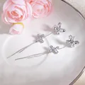 Silver butterfly drop earrings with clear sparkling crystals and long tassel fringe - Glittering Butterfly Full Rhinestone Tassel Style (E7141) / Silver