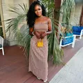 Two-piece set with brown gingham crop top and maxi skirt featuring a summer vacation style - S / Coffee Plaid