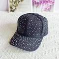 Detailed view of colorful iridescent rhinestones on a stylish black baseball cap - Adult Size (Adjustable) / Black (AB Rhinestone)