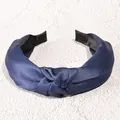 Navy blue knotted wide headband in smooth satin fabric for women casual styling - Blue