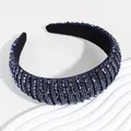 Luxurious navy blue padded headband with intricate hand-beaded crystal embellishments - Navy Blue Crystal