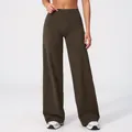 Women's dark brown high-waisted wide-leg sports pants with elastic brushed fabric - S / Black Coffee