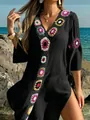 Dettagli di ricami floreali all'uncinetto su copricostume nero con scollo a V sexy - Taglia S / Nero
