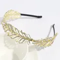 Elegant gold feather headband with sparkling rhinestones and white pearls - Gold Feather Rhinestone