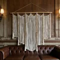 Handmade bohemian macramé wall hanging with cream cotton ropes and wood beads - Style With Spliced Wooden Rod / Beige (z535) / 100x95cm