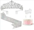Silver 15th birthday tiara set with rhinestone crown and glitter sash for girls - Birthday Silver Tiara Sash Candle and Cake Topper Set