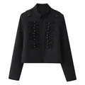 Detail showing military style black short jacket with ornate frog buttons and stand collar - S / Black Buttons