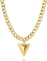 Macro-opname van 14K vergulde cubaanse schakelketting met gepolijste kegelhanger - Gouden halsketting met driehoekige piramidehanger (YTT-116)