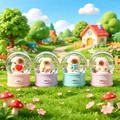 Set of four cute cartoon cat crystal balls with colorful macaron bases and figurines - 2604# (lights + Snowflakes)