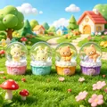 Set of four cartoon bear crystal ball ornaments with macaron color cupcake bases - 2606# (lights + Snowflakes)