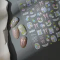 Detail of 5D embossed nail stickers featuring blue roses, bows and lace patterns - Vintage Pastoral Floral Style (CO-539)
