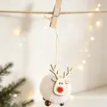 Detail of wooden reindeer ornament with white fuzzy body hanging on jute rope - Beige