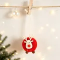 Detail of red plush ball reindeer hanging ornament with wood head and hanging rope - Red