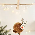 Detail of Christmas reindeer ornament with brown plush pom-poms and wooden antlers - Brown
