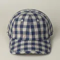 Detailed macro view of breathable blue and white gingham cotton linen baseball cap - M (56-58cm) / Navy Blue Plaid