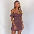 Detail of ruffle sleeves and brown polka dot print on strapless mini bodycon dress - S / Burgundy