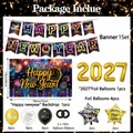 Detailed set of 2027 Happy New Year party banners, balloons and 180x110cm backdrop - 2027 New Year Set B (Backdrop+Banner+Latex Balloons+Foil Numbers+Star Foil Balloons+Ribbons)