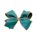 Handmade girls hair clip featuring a dark green layered bow with orange scalloped edges - Duck Egg Blue With Orange Edge (MC001-18)