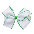 Handmade white grosgrain hair bow with green scalloped edges and center ribbon - White With Green Edge (MC001-7)