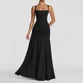 Elegante abito lungo nero senza maniche con spalline sottili e vita plissettata - 3XL / Nero